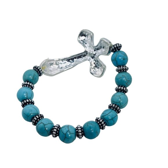 Silver Tone Faux Turquoise Beads & Clear Rhinestone Cross Stretch Bracelet (5496 - Picture 3 of 3